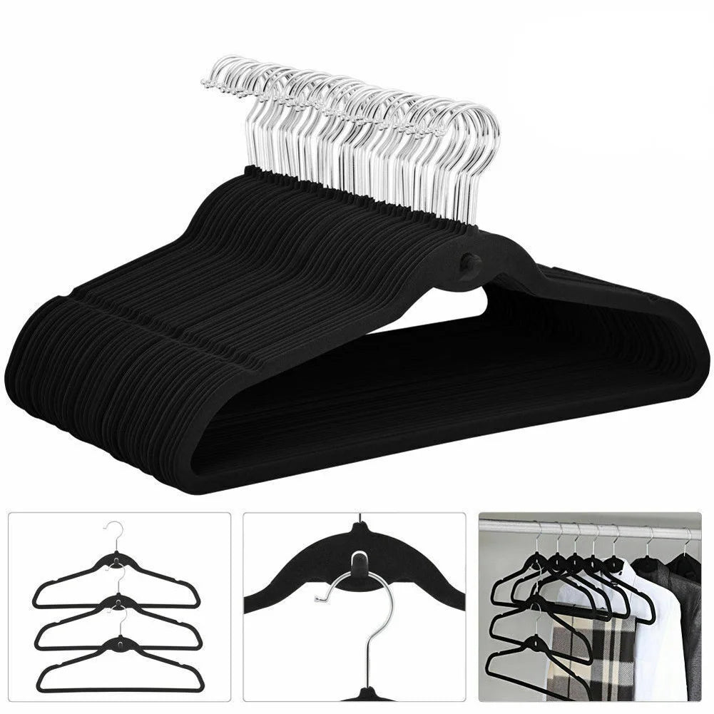 10 Non Slip Black Velvet Clothes Hangers with Stacking Notches