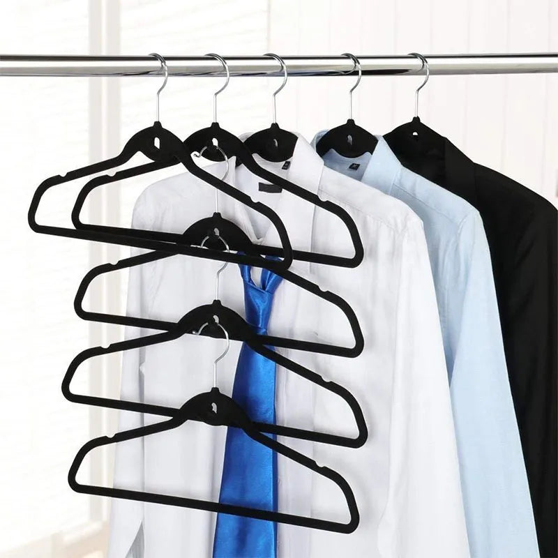 10 Non Slip Black Velvet Clothes Hangers with Stacking Notches